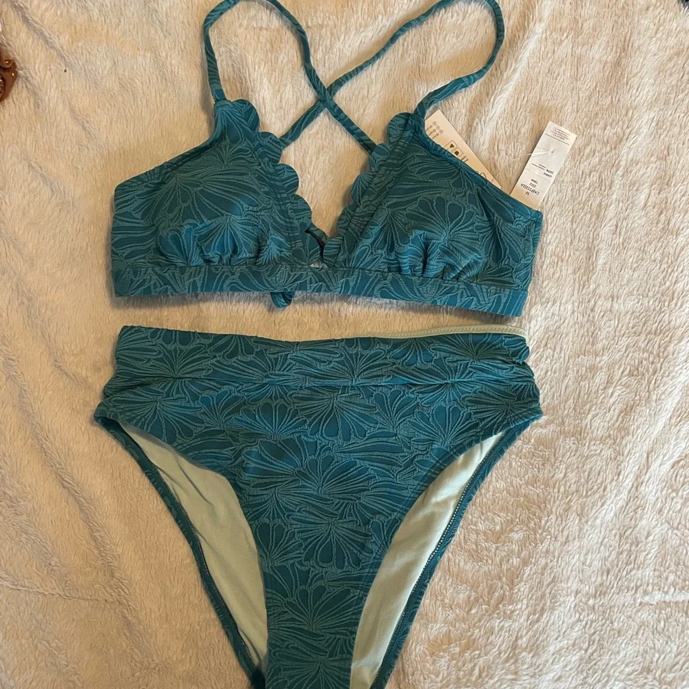 Cupshe Teal Floral High Waist Bikini Set - Picture 2 of 7